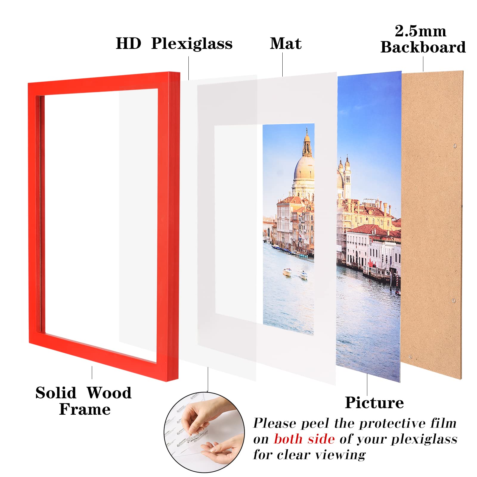 wyooxoo 12x16 Picture Frame Made of Solid Wood Red Photo Frames Display Pictures 11x14 with Mat or 12x16 Without Mat Colorful Fr